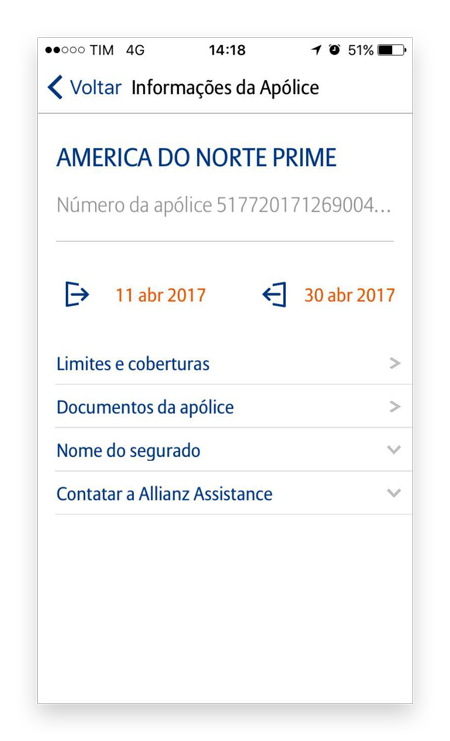 Tela de informações da apólice no aplicativo TravelSmart